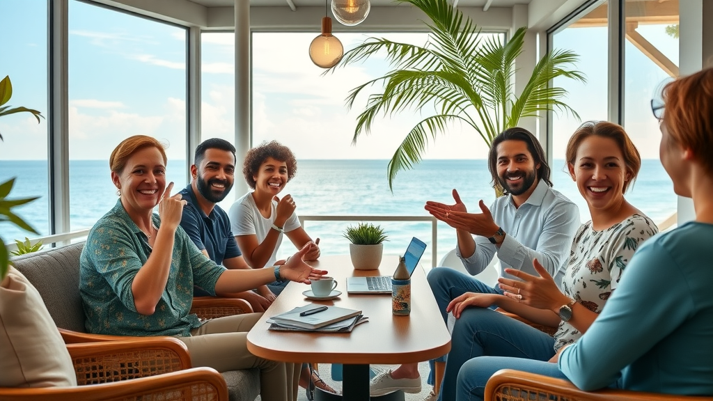 international digital nomads connecting in seaside coworking lounge