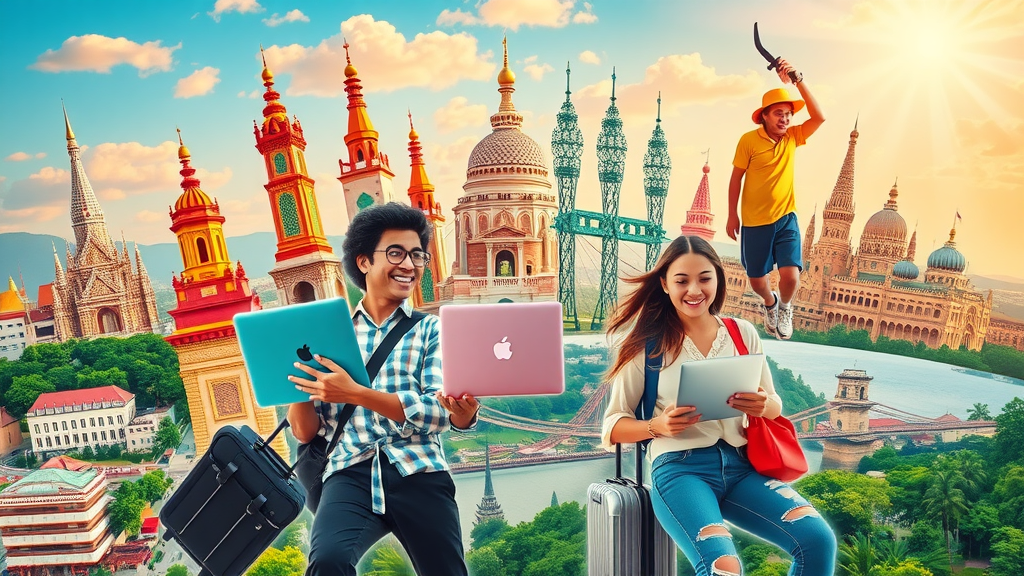 collage of digital nomad hotspots: Chiang Mai, Lisbon, Medellín, Bali, Budapest