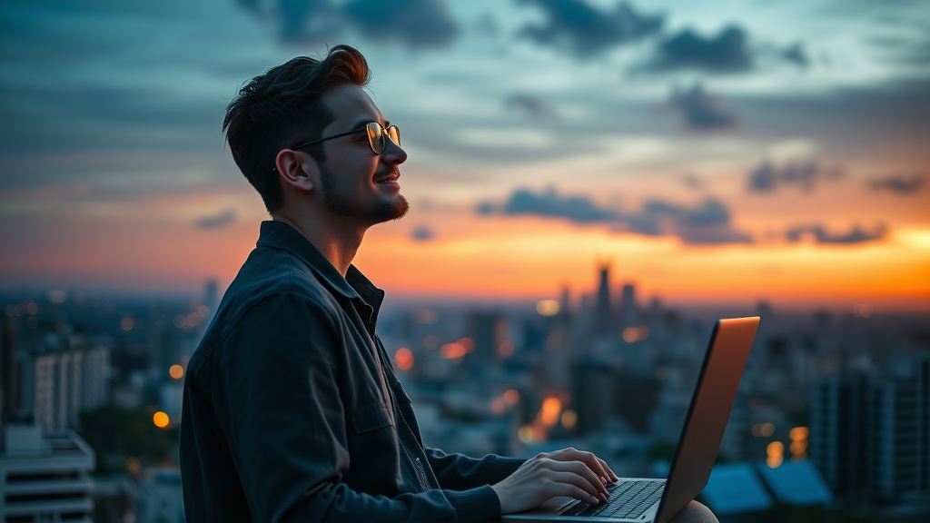 peaceful digital nomad reflecting on rooftop at sunset