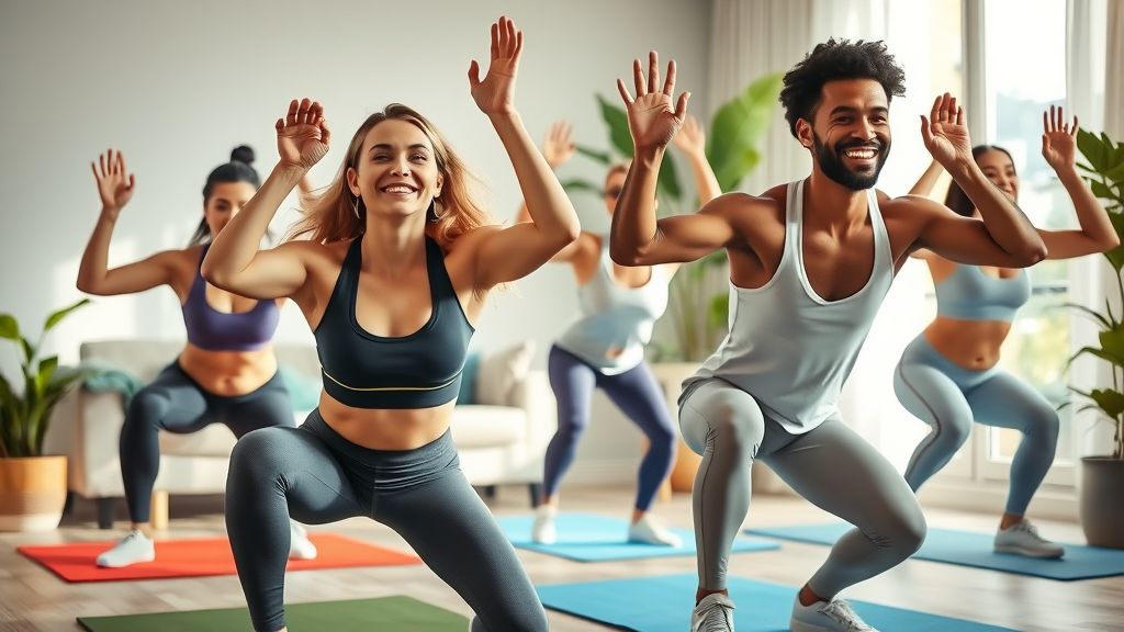 lively diverse adults in home workout clothes performing bodyweight exercises, home workout plans, sunlit modern living room