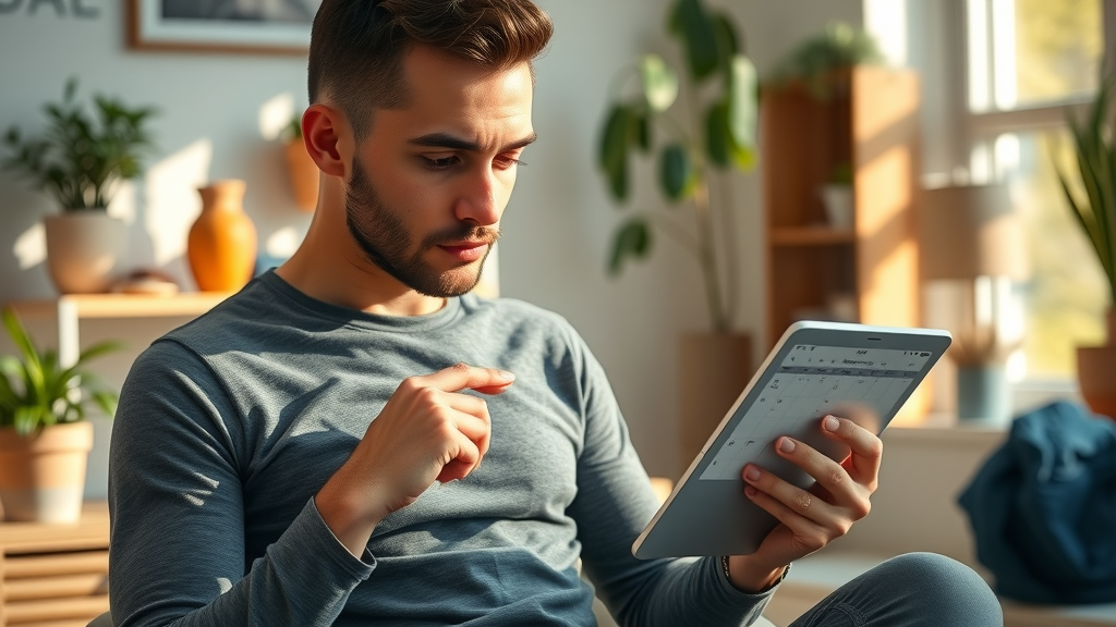 motivated individual creating a home workout plan on digital tablet, workout program, cozy home with fitness gear