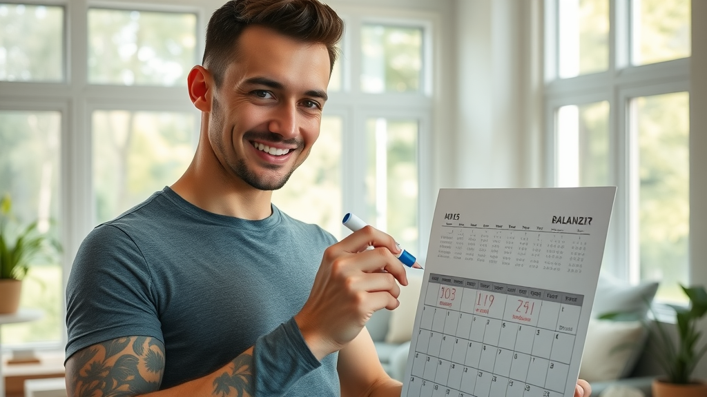 fit adult marking progress on home workout calendar, tracking progress for home workout plans, bright modern living room