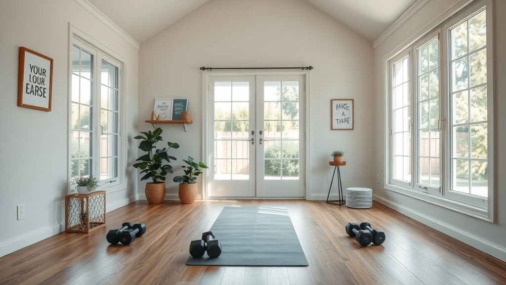 aesthetic home exercise space, inviting, yoga mat and dumbbells, motivational home workout plans