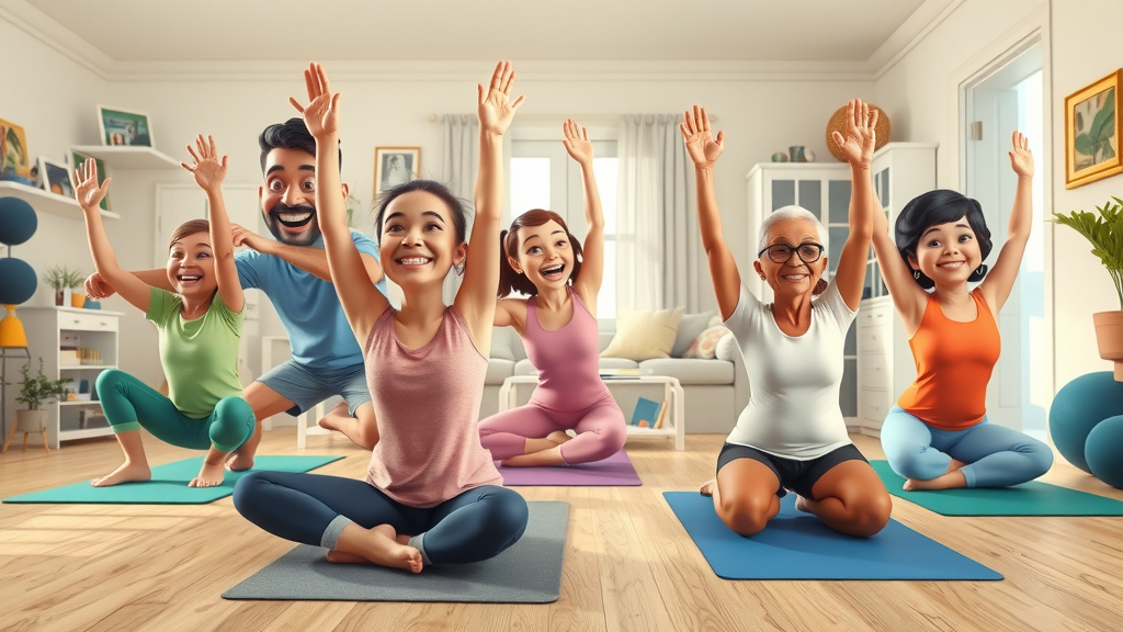 multi-generational family working out together at home, home workout plans for all ages, living room exercise