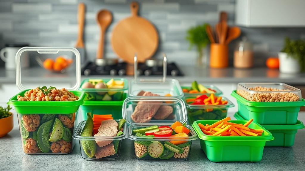 colorful healthy meal prep containers, lean proteins, vegetables, meal planning for home workout plans
