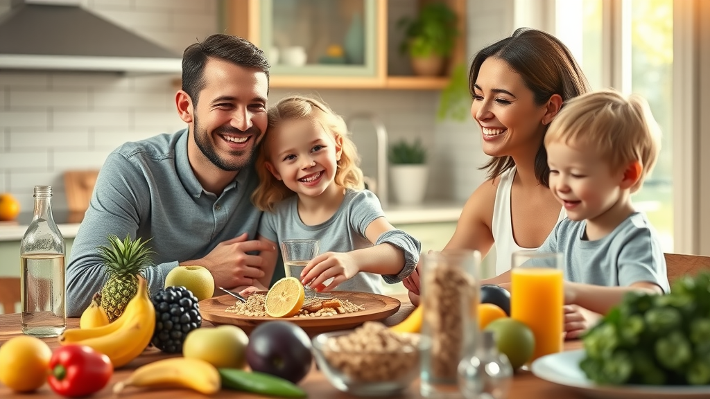 Healthy family enjoying nutritious breakfast for Daily Habits for a Strong Immune System in a sunlit kitchen table, with fruits and whole grains
