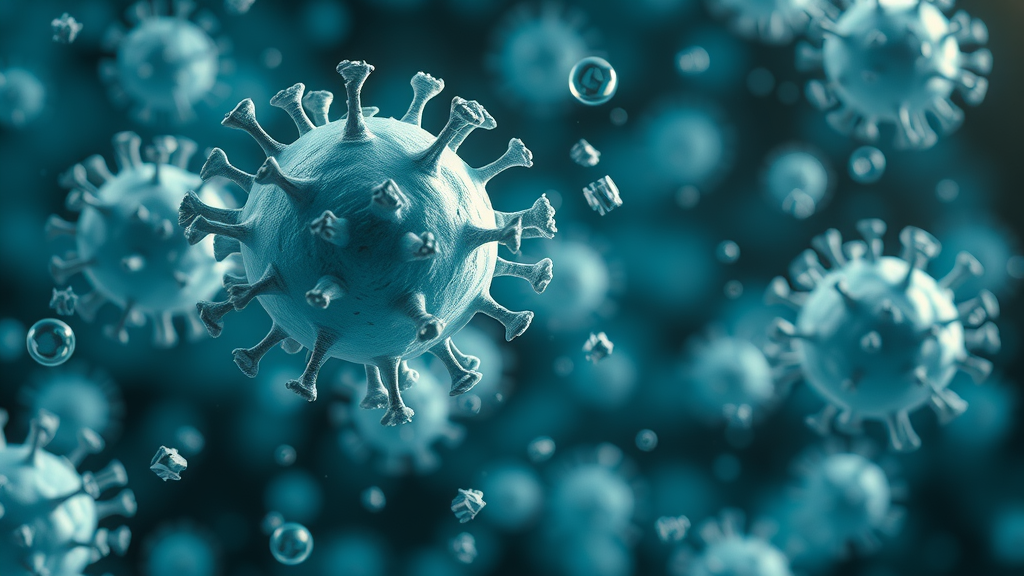 Scientific illustration of white blood cells defending against flu virus and bacteria, representing the immune response