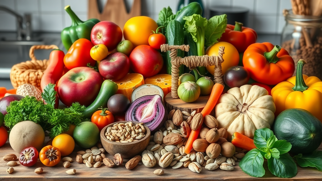 Fresh fruits, vegetables, nuts, and fermented foods displayed for immune system support