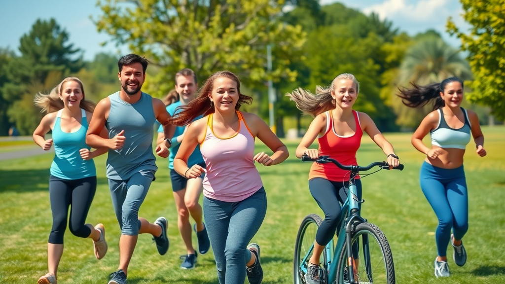 Joggers and cyclists exercising together in green park to strengthen their immune system