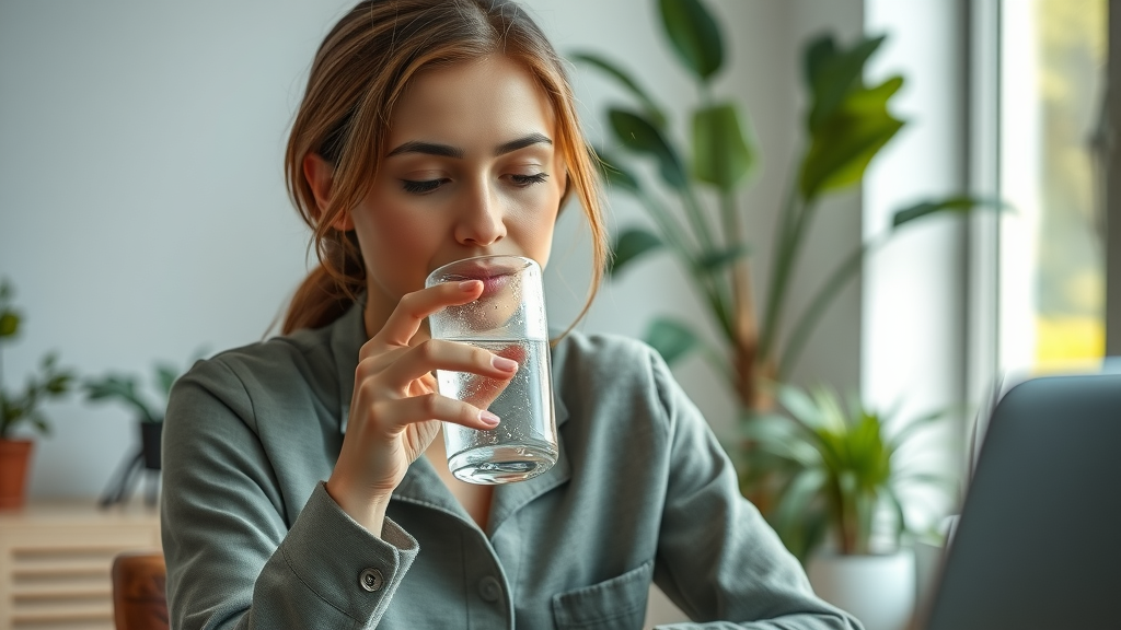 Serene woman drinking water for hydration and immune system support, with indoor plants in background