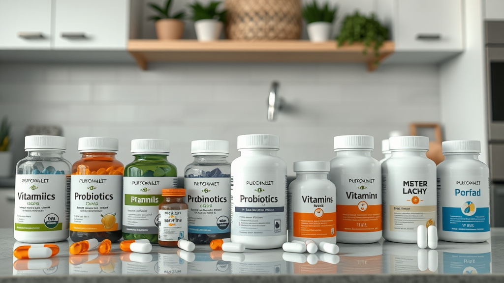 Neatly arranged supplement bottles for daily immune system support, labeled with vitamins and probiotics