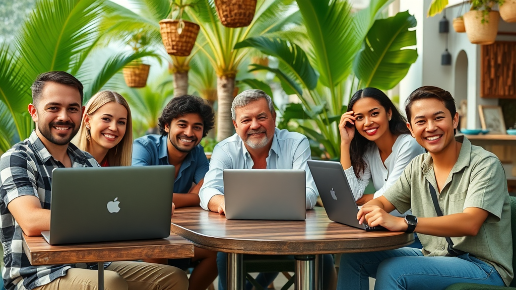 Diverse digital nomads working outdoors tropical cafe digital nomad lifestyle