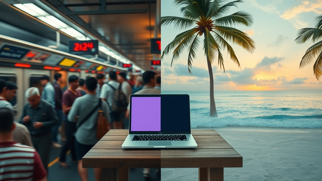 Digital nomad life split rush hour subway tranquil beach workspace