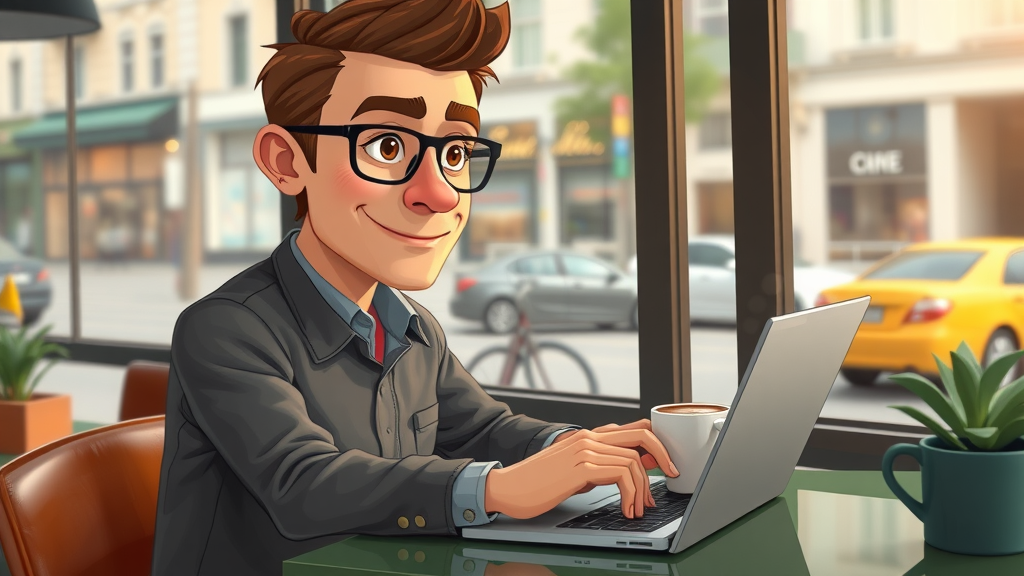 Crafting digital nomad workspace laptop cozy cafe city street view