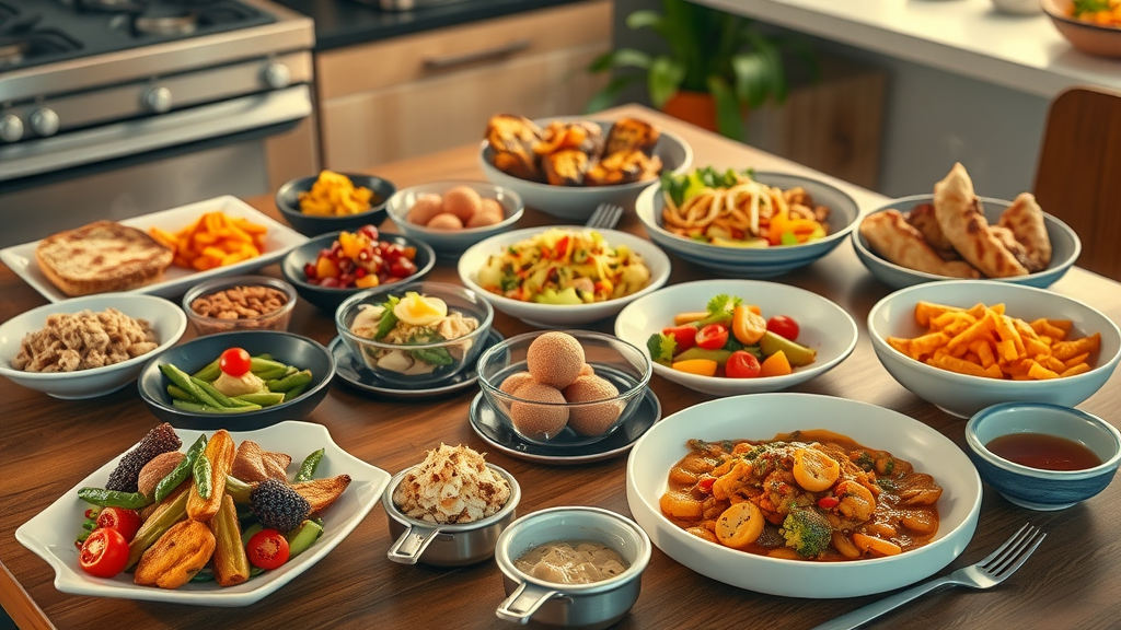 tabletop view of varieties of quick & healthy dinner recipes from different cuisines