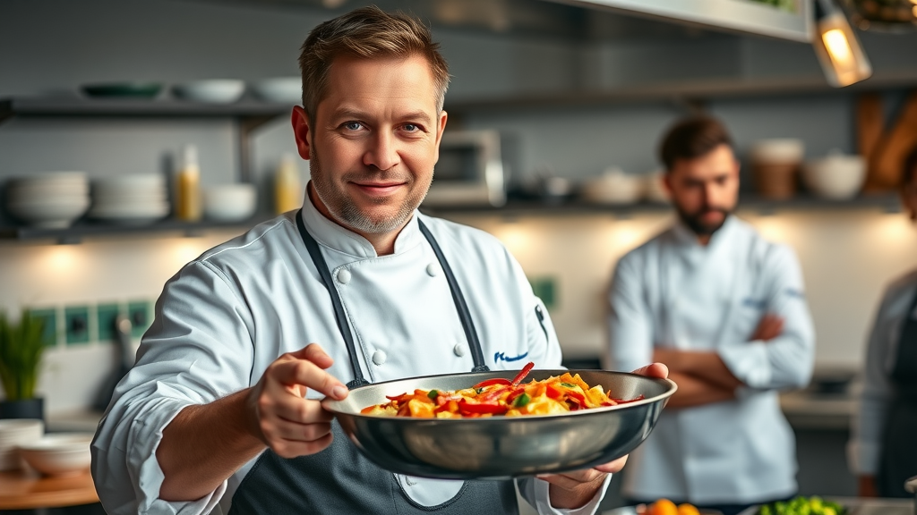 celebrity chef in a modern kitchen teaching quick & healthy stir fry dinner recipes