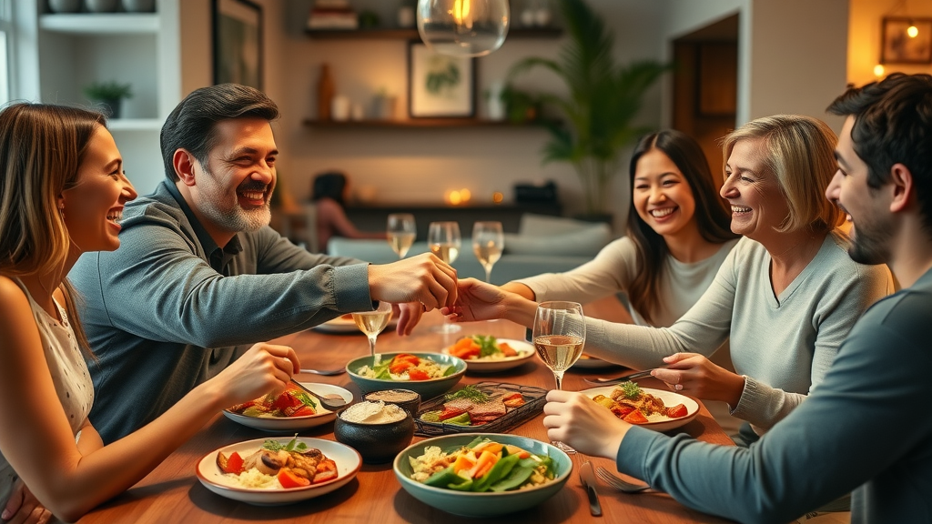 family enjoying colorful healthy dinner recipes at a cozy night table