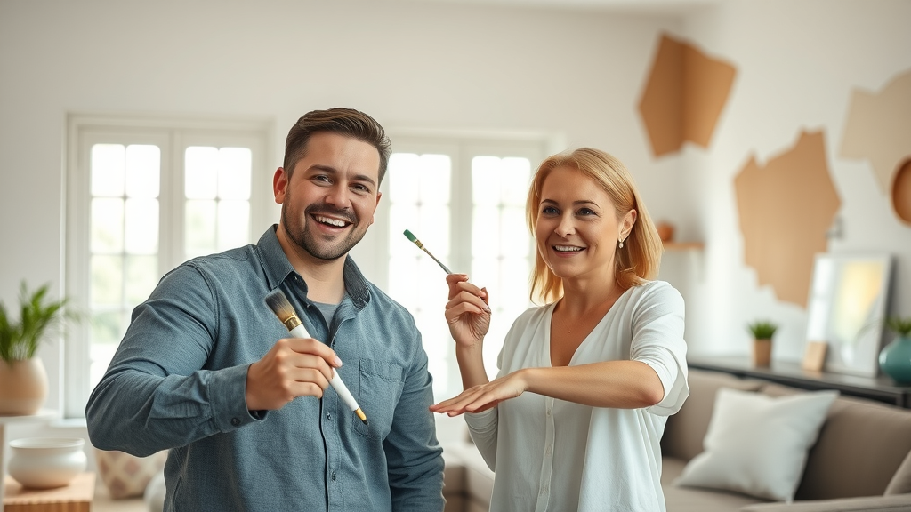Affordable DIY Renovation Tips inviting modern living room couple painting an accent wall together