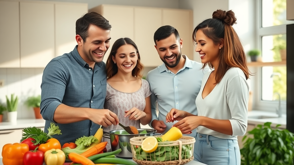 Vibrant healthy family preparing meal for a strong immune system in a modern kitchen, sunlight, fresh ingredients, natural tones