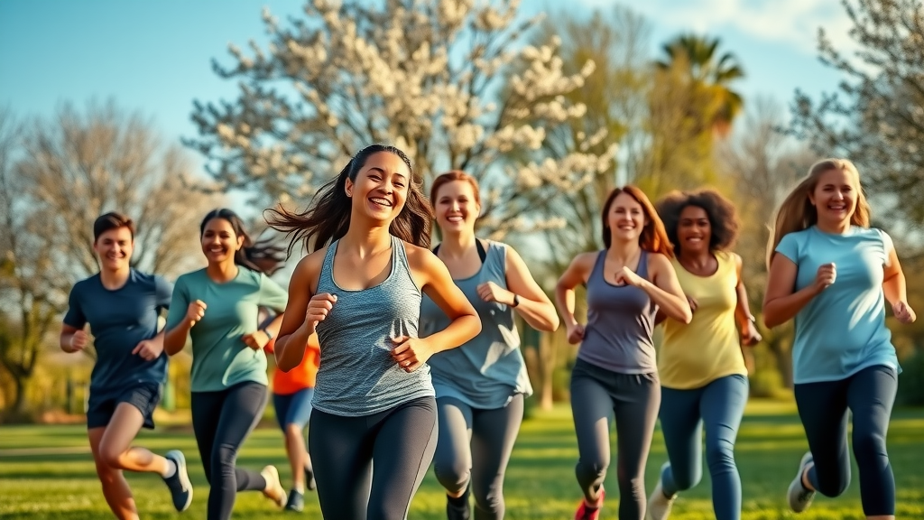 Energetic diverse group in an outdoor fitness class strengthening immune system with exercise in a lush park