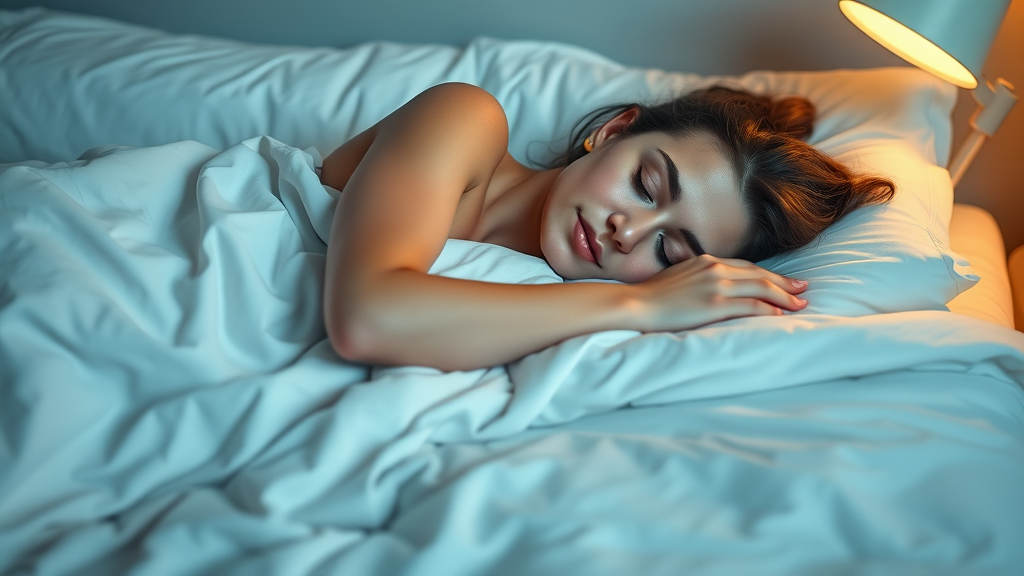 Serene adult sleeping comfortably as restful sleep builds a strong immune system, peaceful bedroom, soft lighting