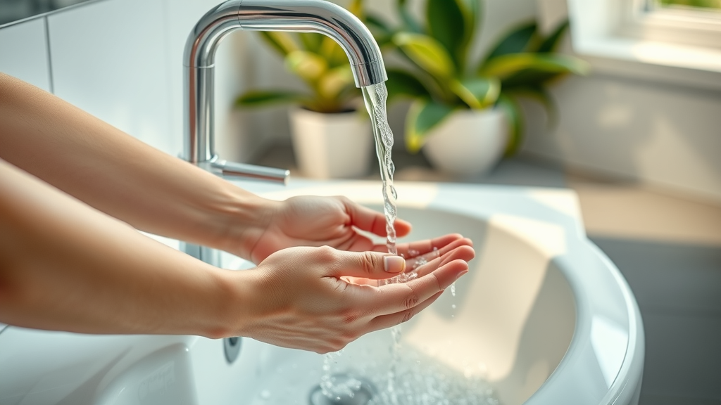 Adult washing hands in tidy bathroom as daily hygiene routine for strong immune system and infection defense