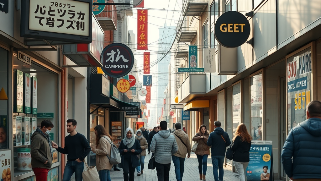 SEO for Local Businesses - Busy urban street with local shops and customers, vibrant energy, clear store fronts, morning light.