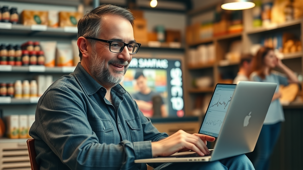 Small business owner reviews digital analytics for SEO for local businesses in a shop, showing growth charts and engaged customers.