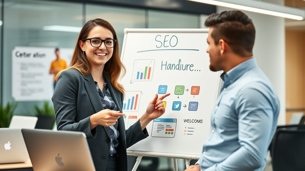 Businesswoman explains local SEO concepts on a whiteboard, teamwork in a modern office for small business growth.