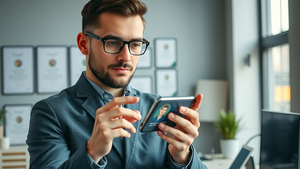 Entrepreneur verifying Google Business Profile on smartphone, digital workspace for local business SEO.