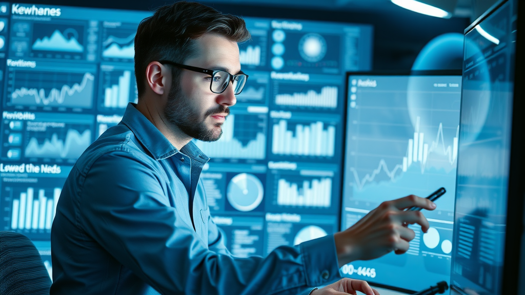 Marketing professional analyzing high-performing local keywords and trends with data visualization for SEO for local businesses.