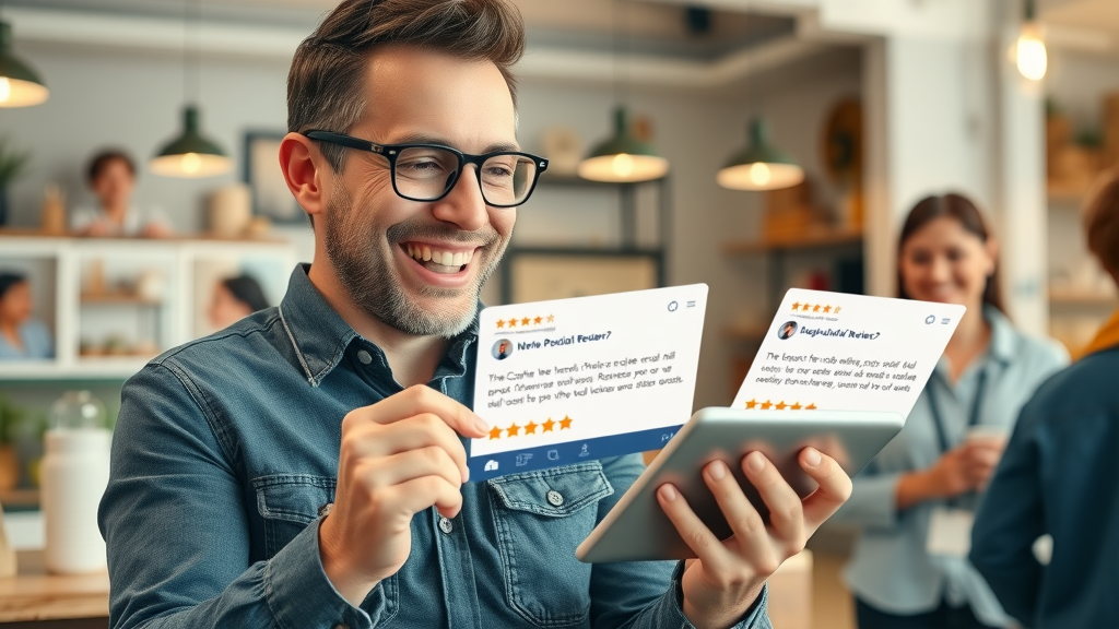 Local business owner happily engaging with positive customer reviews for local SEO on a digital tablet.