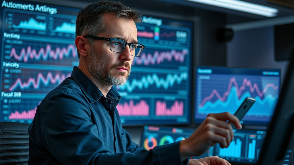 Analyst studying review dashboard for local SEO performance and reputation management in local business.