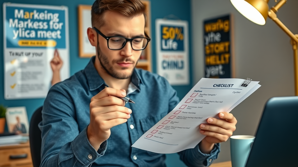 Entrepreneur completing local SEO checklist for small business marketing, workspace energy, and visible achievements.