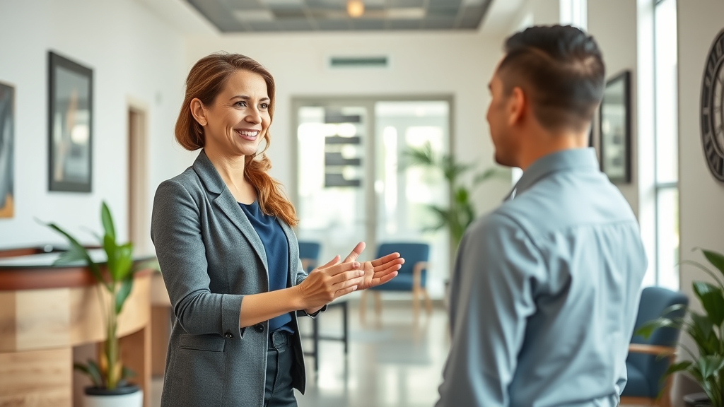 Chiropractor Miami Florida clinic reception, welcoming receptionist in a sunlit modern interior with natural decor