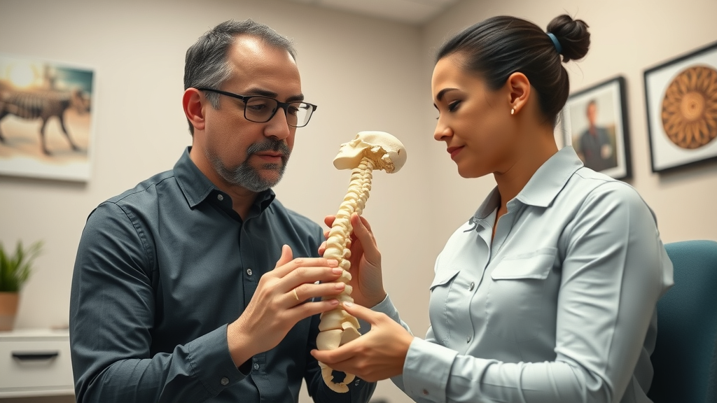 Miami chiropractor consulting a patient about back pain with spine model explanation