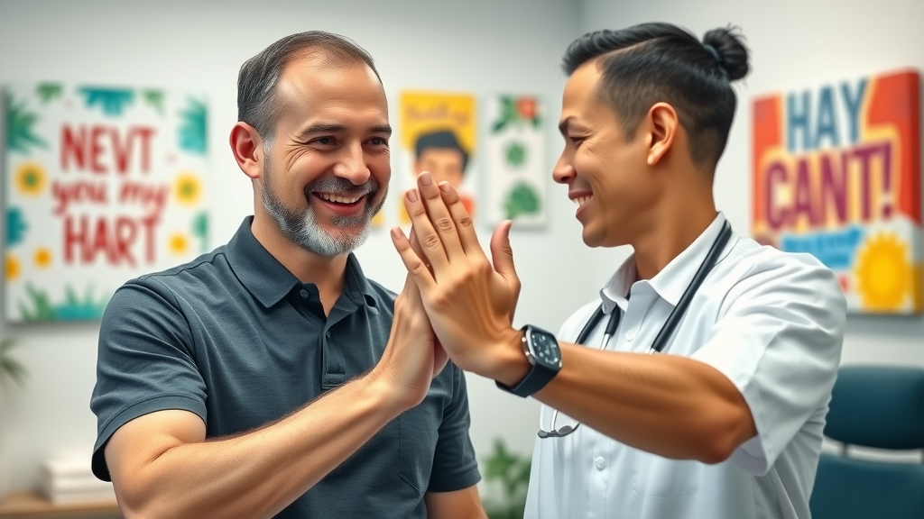 Happy Miami chiropractic patient celebrating successful back pain relief with chiropractor in clinic