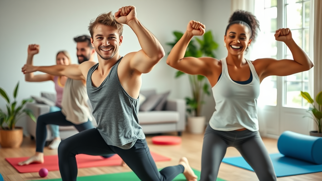 Energetic young adults performing bodyweight exercises for home workout plans in a living room