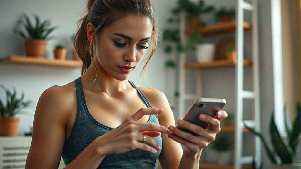 Motivated woman tracking her home workout progress using a smartphone in a cozy home gym setup