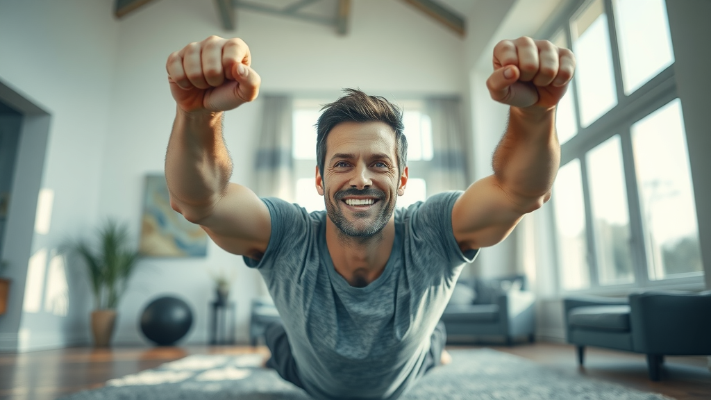 Confident man doing pushups as part of a home workout plan with morning sunlight in a bright airy living room