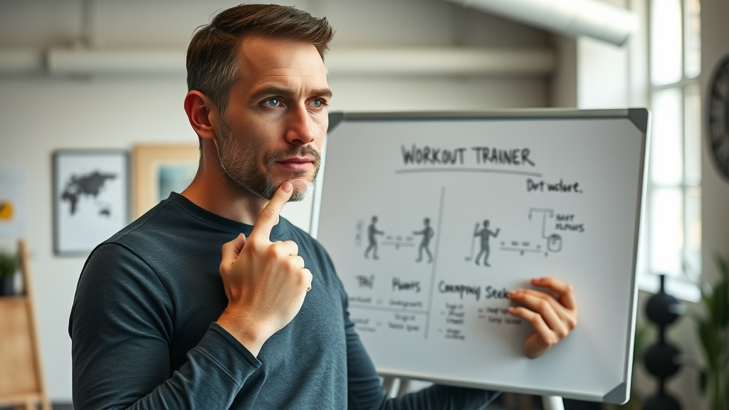Professional trainer presenting a whiteboard diagram of home workout principles in a bright home office gym