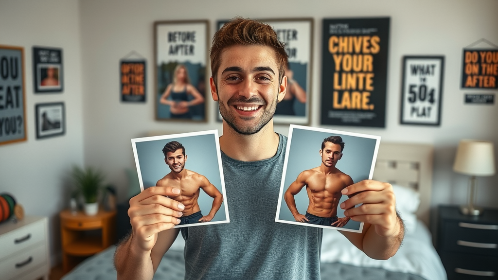 Ambitious adult displaying before and after transformation photos from following a home workout plan