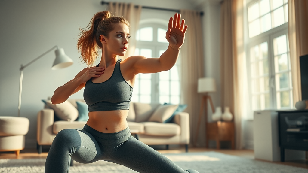 Fit young woman performing lunges with perfect form in a minimalist living room as part of a strength building home workout plan