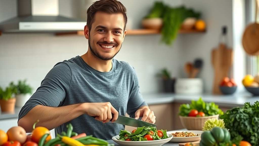 Active adult preparing a balanced post-workout meal in a modern kitchen to support home workout goals