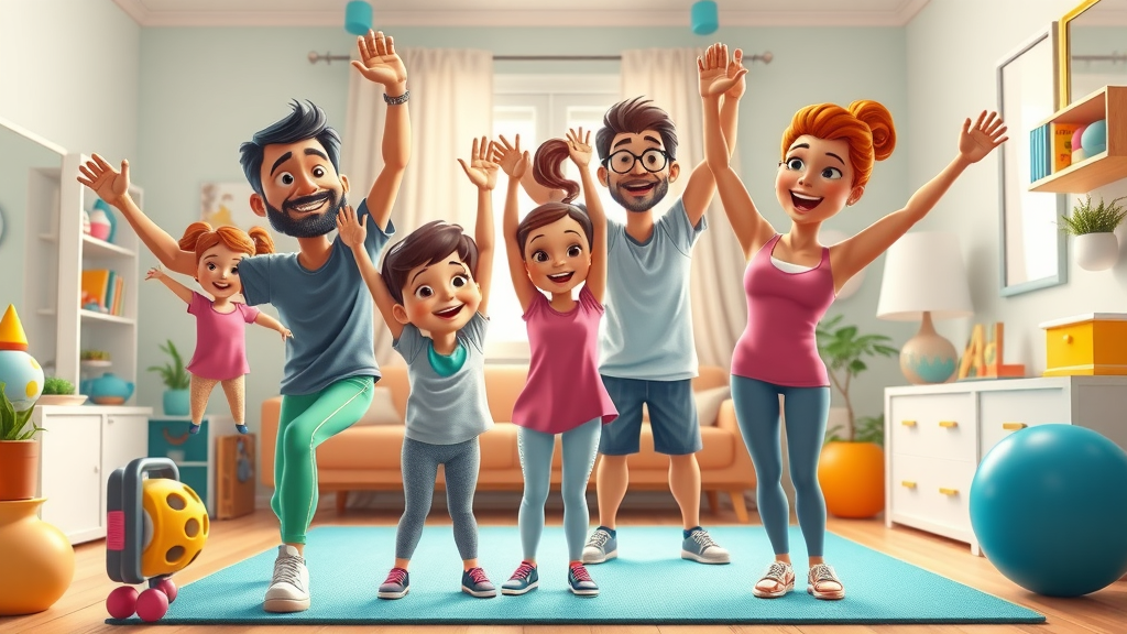 Fitness-minded family exercising together for group home workout motivation in a colorful home space