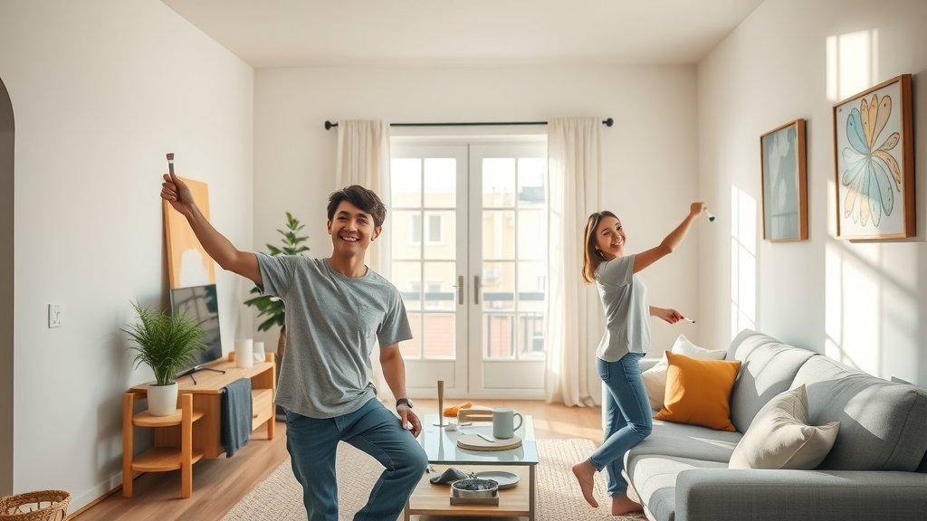 Affordable DIY Renovation Tips modern living room cheerful homeowners painting walls fresh coat of paint sunlit space neatly arranged furniture highly detailed natural color palette