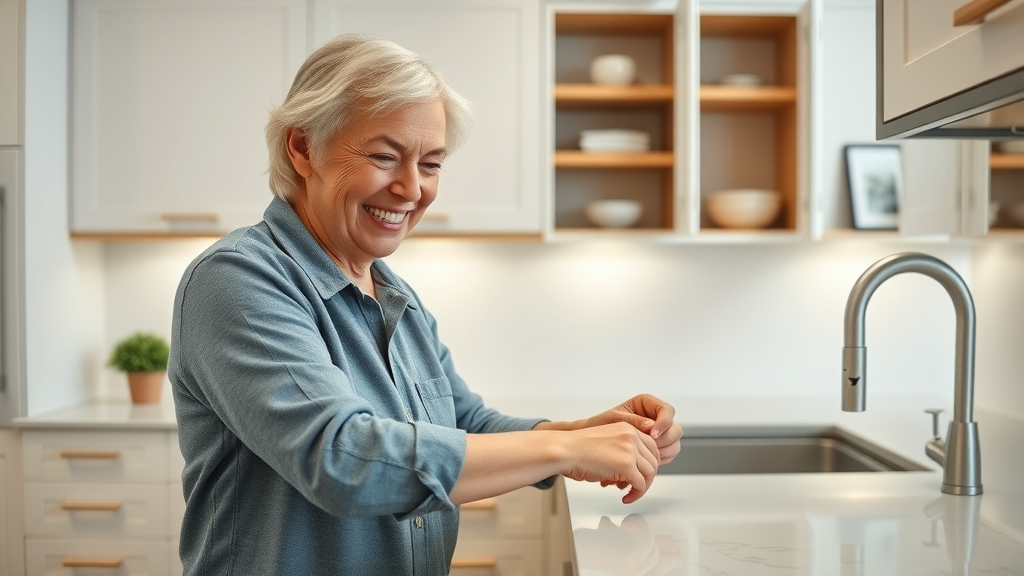 Affordable DIY Renovation Tips contemporary kitchen homeowner installing new cabinet handles hardware refresh gleaming countertops open shelving