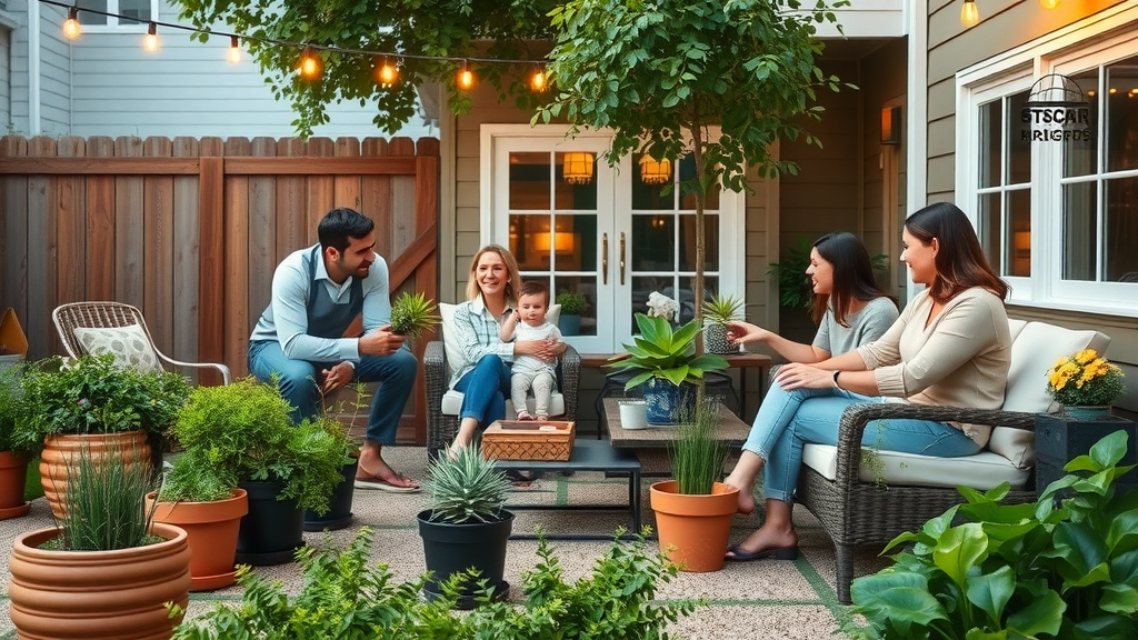 Affordable DIY Renovation Tips backyard patio family DIY outdoor seating planters string lights lush planting beds highly detailed evening glow