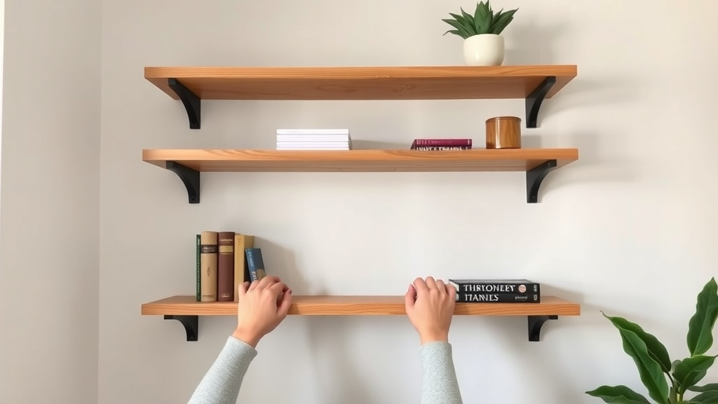 Affordable DIY Renovation Tips creative open shelving installation hands positioning modern wooden shelves home office minimalist decor shelving hardware highly detailed